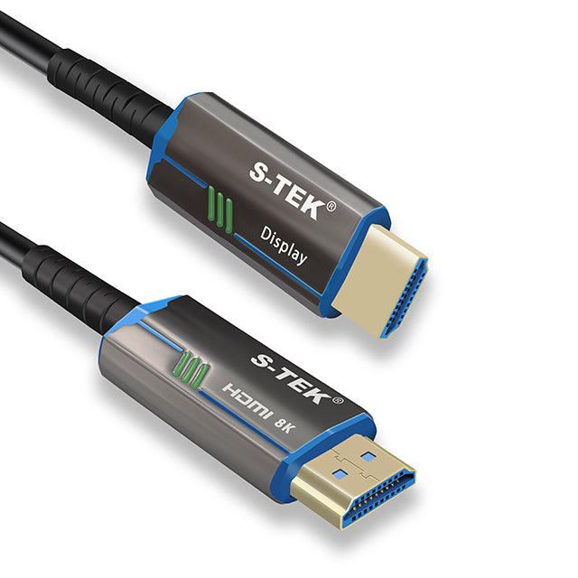Close-up of the HDMI connection on the S-TEK 8K AOC HDMI Cable Ultra High Speed 48Gbps HDMI 2.1.