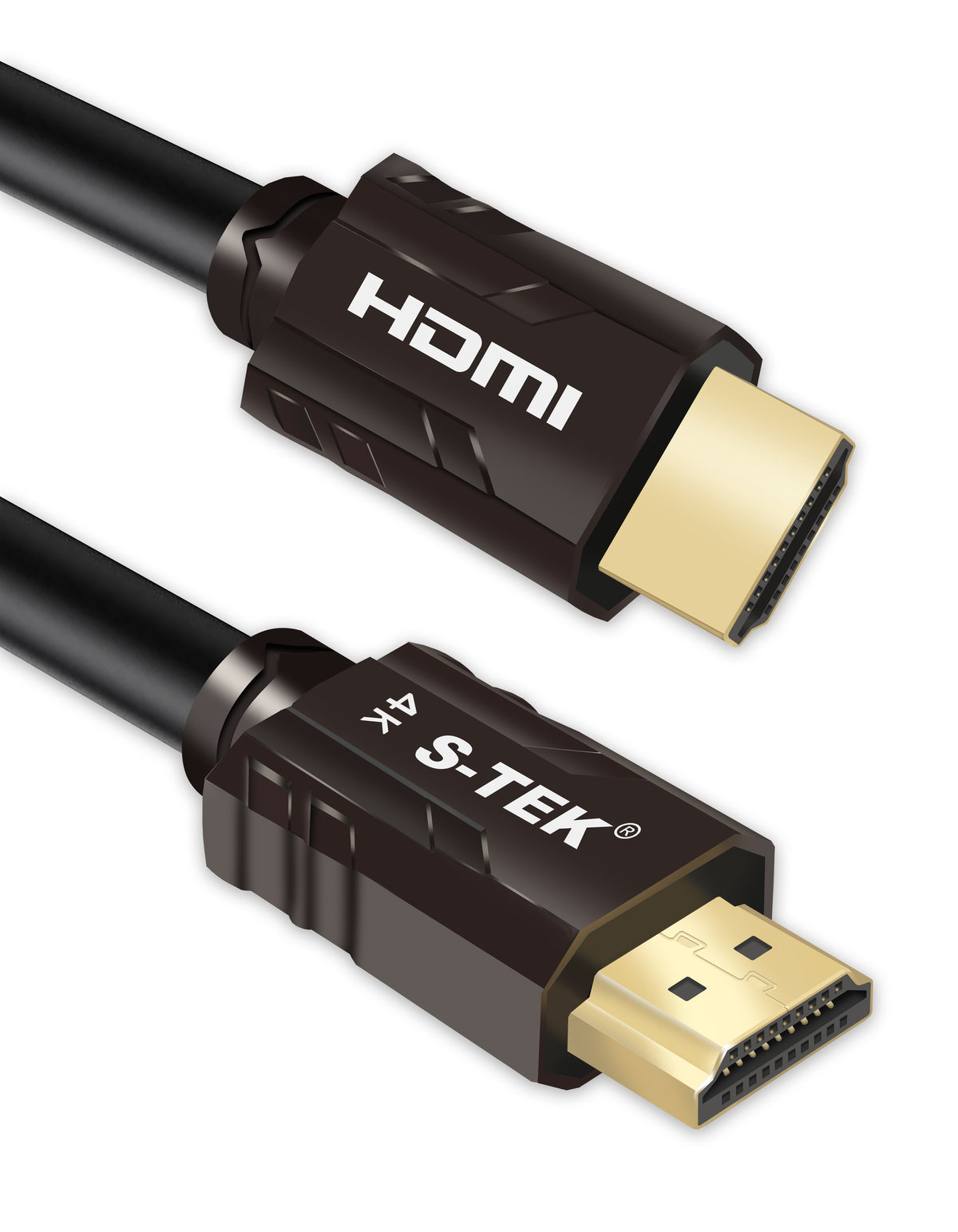 Close-up view of the HDMI connectors on the black S-TEK 4K cable