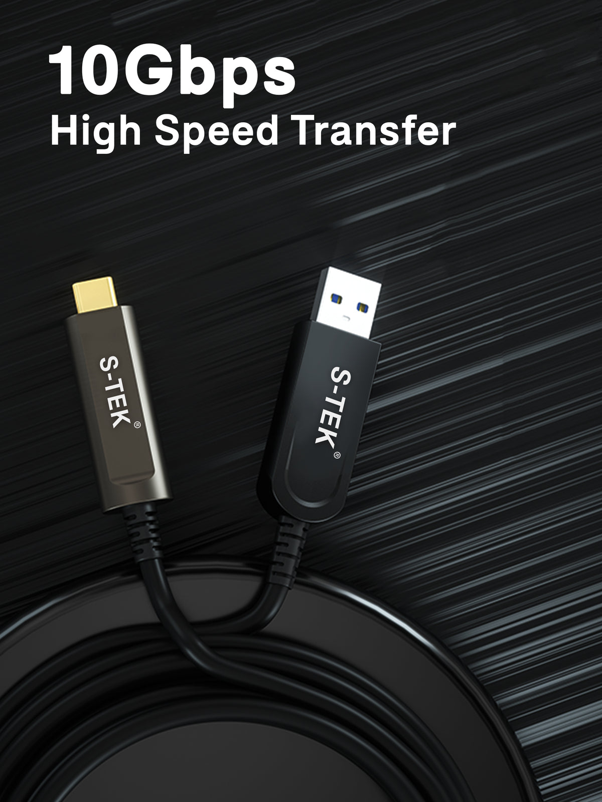 Close-up of the USB-C connection on the S-TEK USB 3.1 A to Type C Fiber Optical Extension Cable Gen 2.