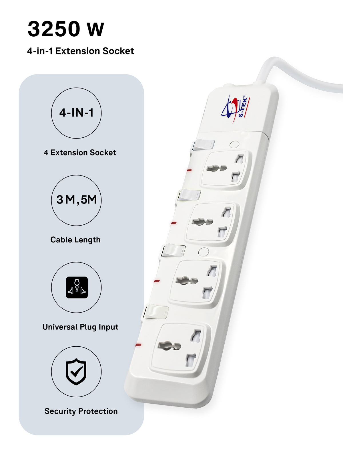 S-TEK Universal Power Extension Socket with Individual Switch — close-up product view.