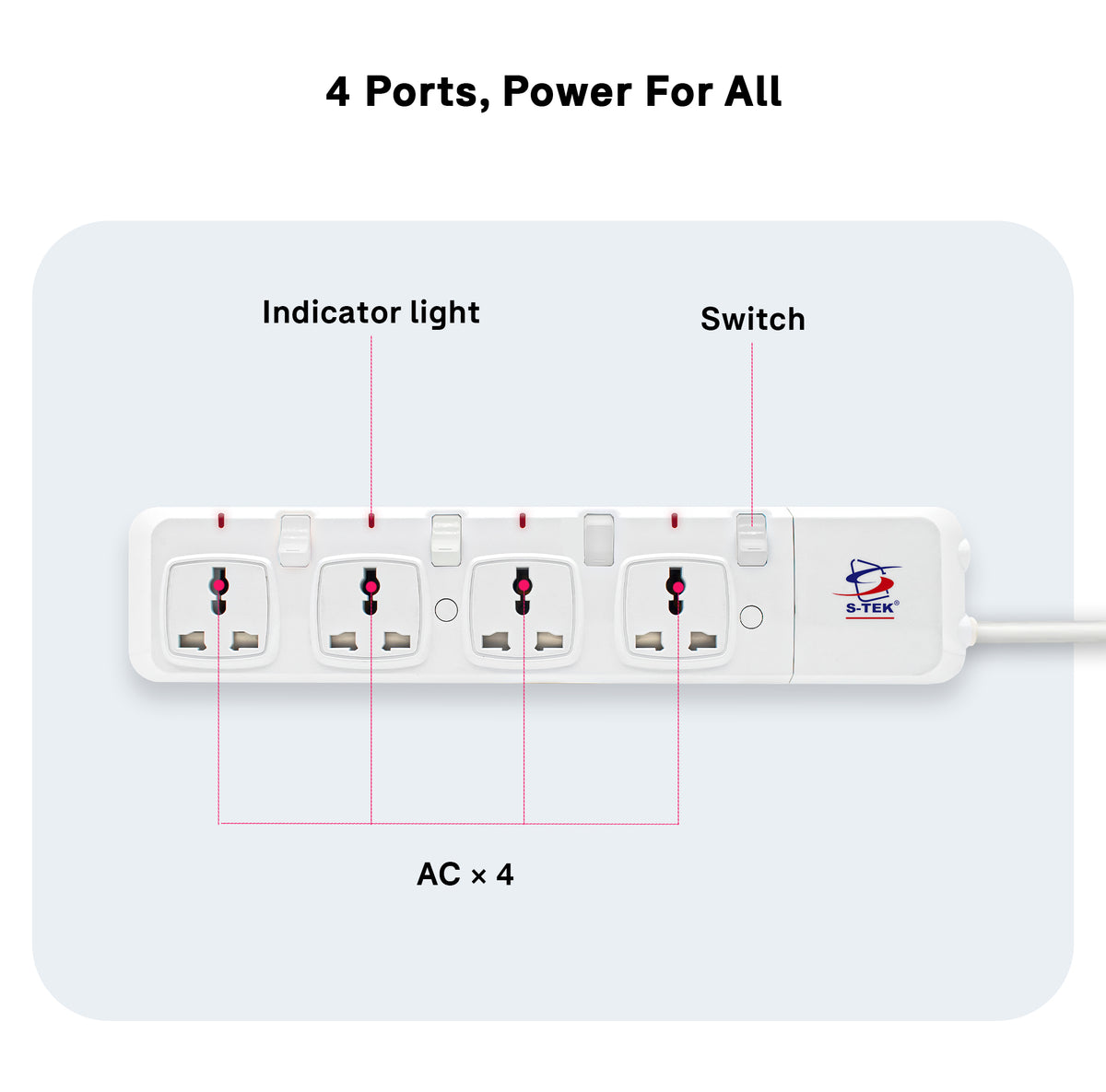 S-TEK Universal Power Extension Socket with Individual Switch — alternate product angle.