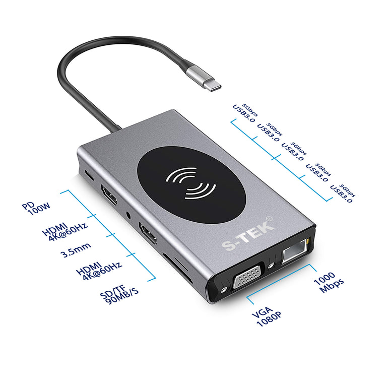 S-TEK 14 in 1 USB C Docking Station with Dual HDMI Ports — close-up product view.