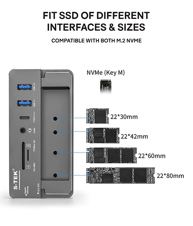 S-TEK 10-in-1 Type C Hub with SSD M.2 Enclosure 8TB — connector and port detail.