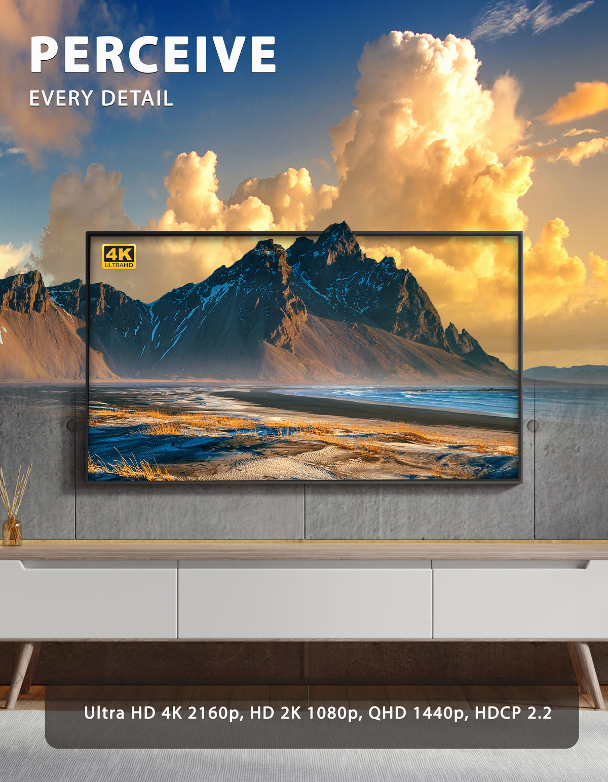 4K television displaying a mountain landscape, illustrating the S-TEK HDMI cable's 4K use