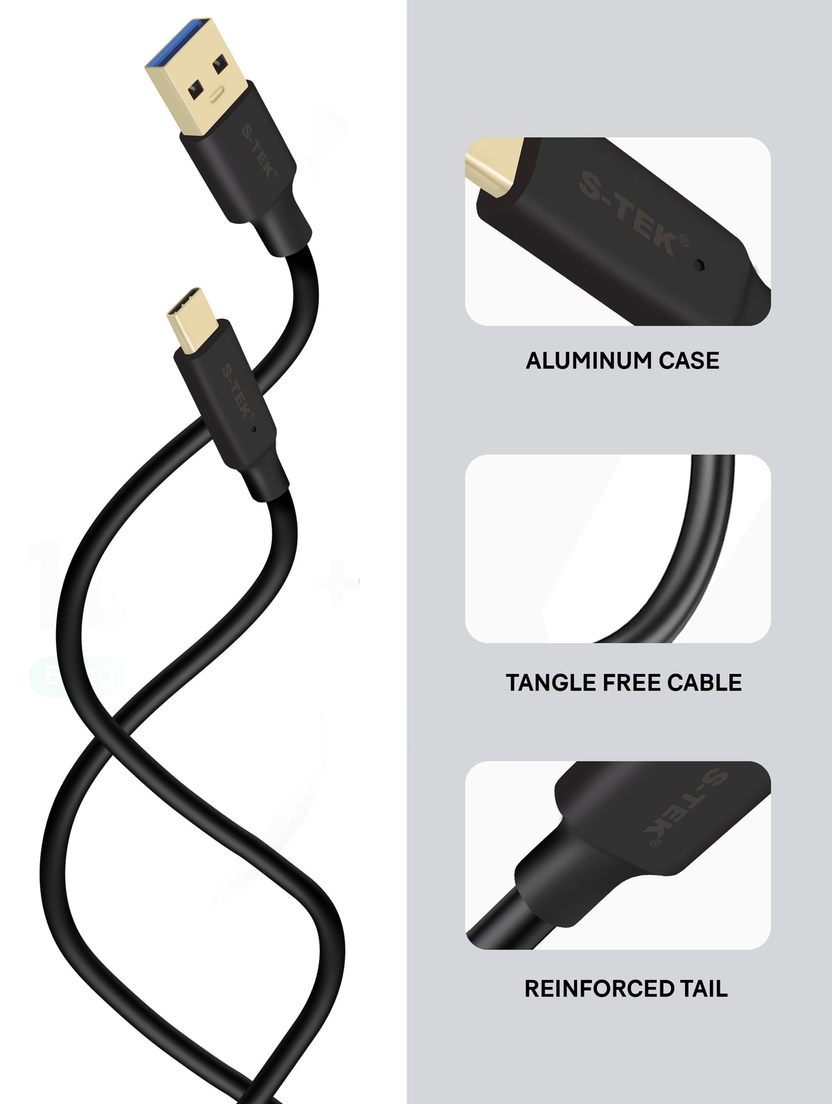 S-TEK USB A to Type C Cable 3.0 product feature image.