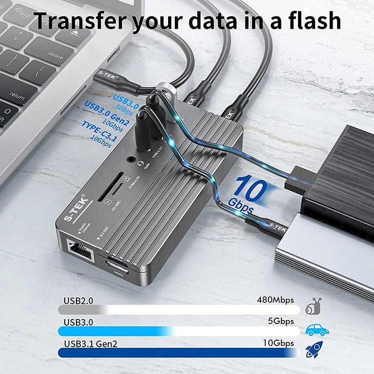 S-TEK 10-in-1 Type C Hub with SSD M.2 Enclosure 8TB — detail view of the product.