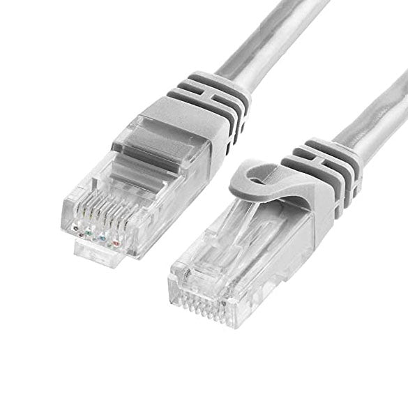 Gray CAT 6 network cable with clear RJ45 plugs and molded strain relief.
