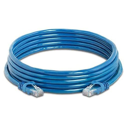 Close-up of the RJ45 plugs on the blue S-TEK CAT 6 patch cable.