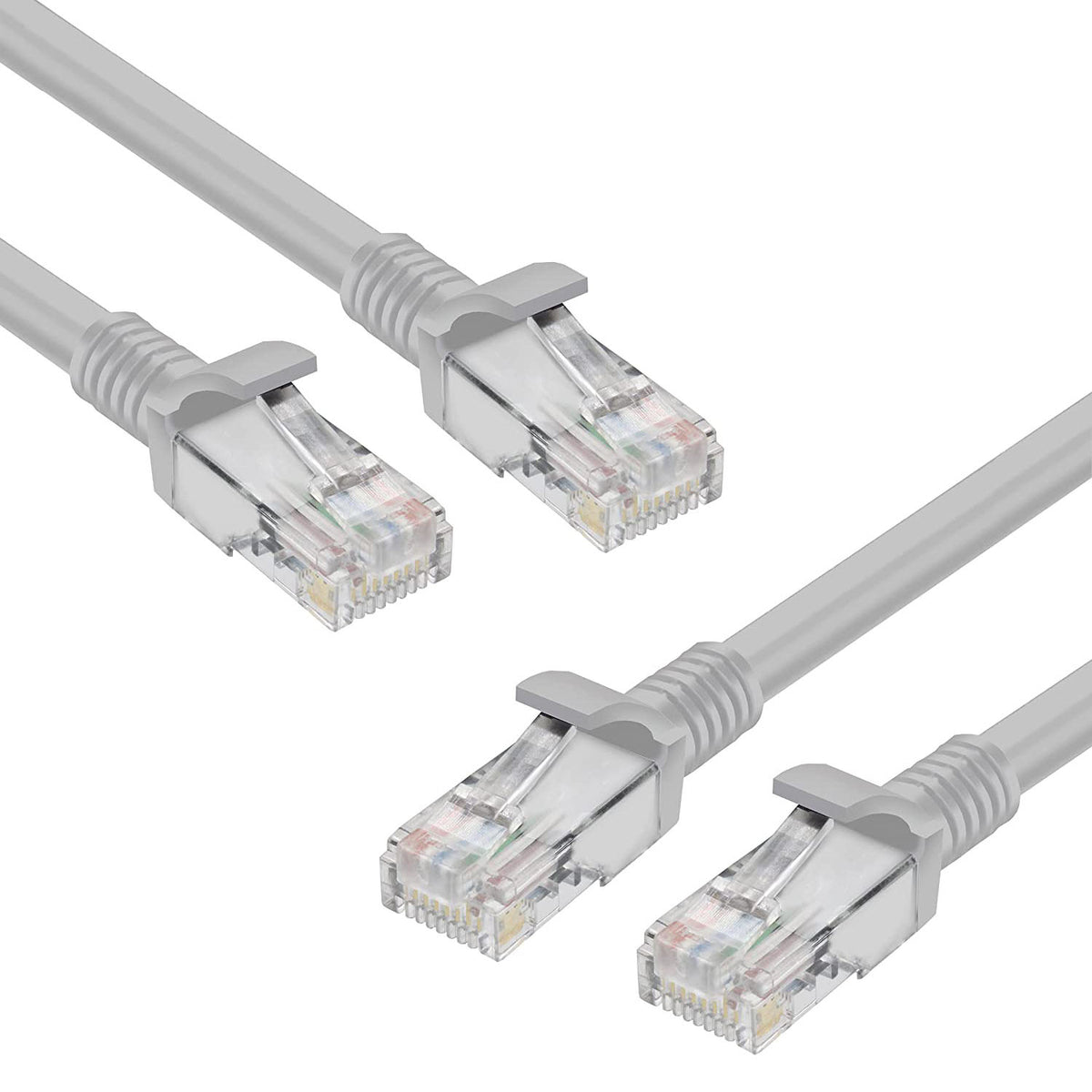 Close-up of the RJ45 plugs on the gray S-TEK CAT 6 patch cable.
