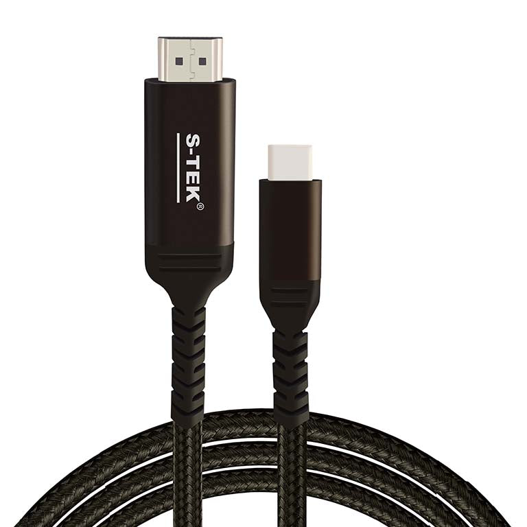 Close-up of the HDMI and USB-C connectors on the black braided S-TEK cable.