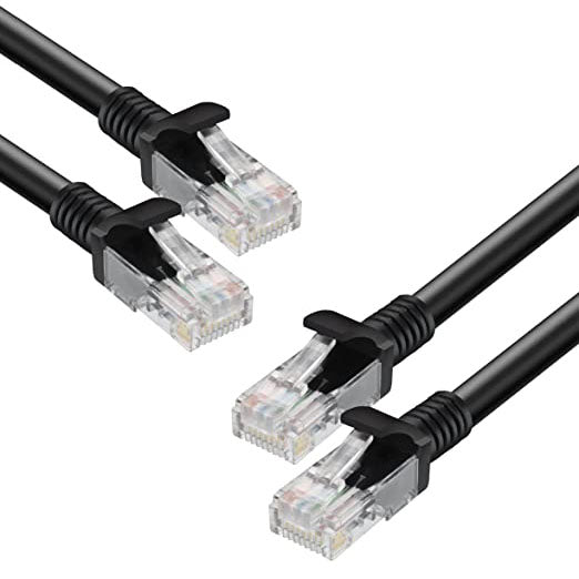 Close-up of the RJ45 plugs on the black S-TEK CAT 6 patch cable.