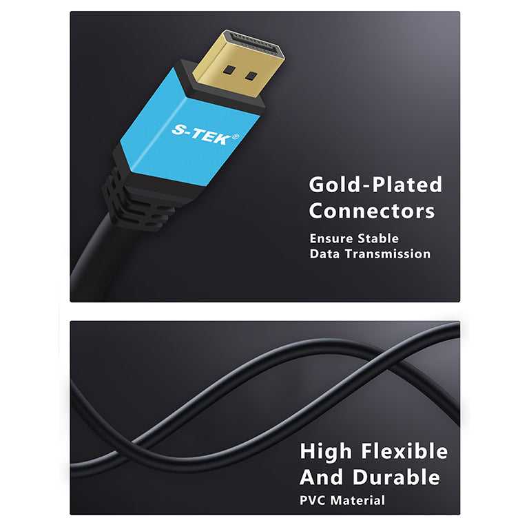 S-TEK DisplayPort to HDMI cable illustrating the gold-colored DisplayPort connector and flexible black cable.