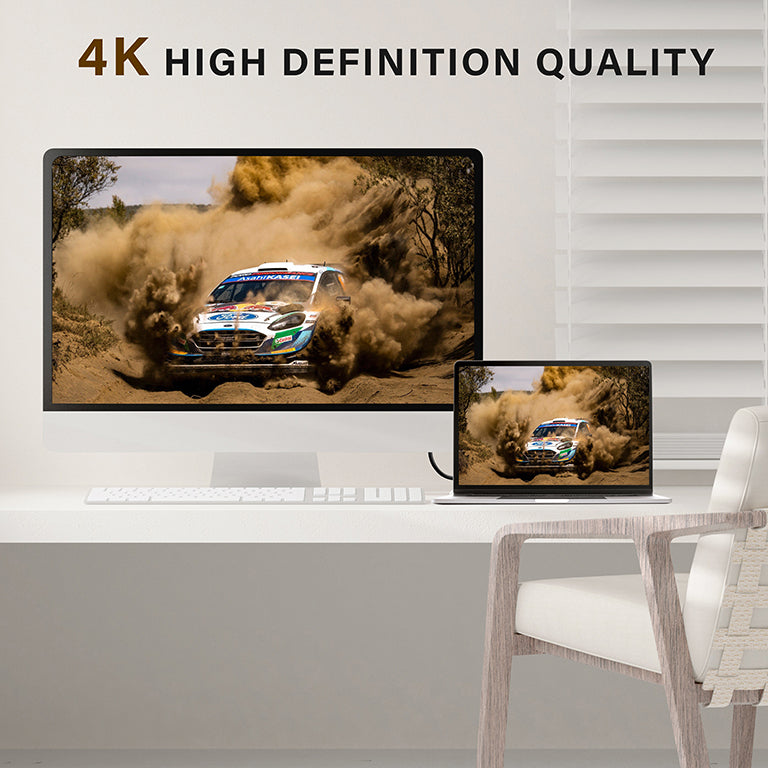 Desktop computer connected to an external display with the S-TEK DisplayPort to HDMI cable.
