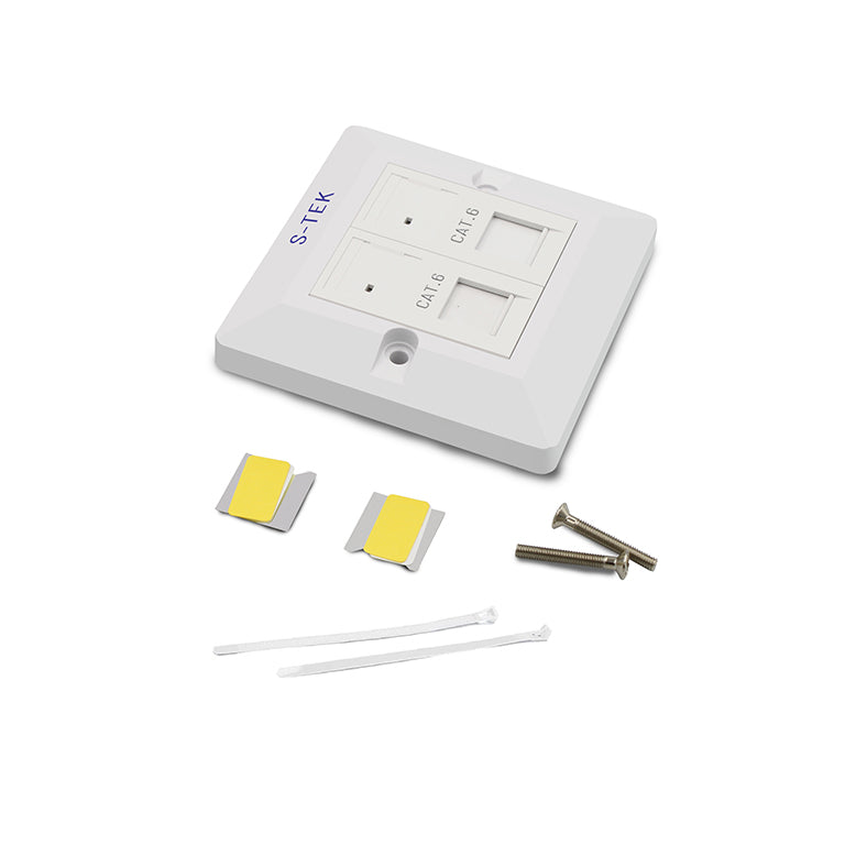 S-TEK CAT 6 wall port face plate shown with screws and cable tie.