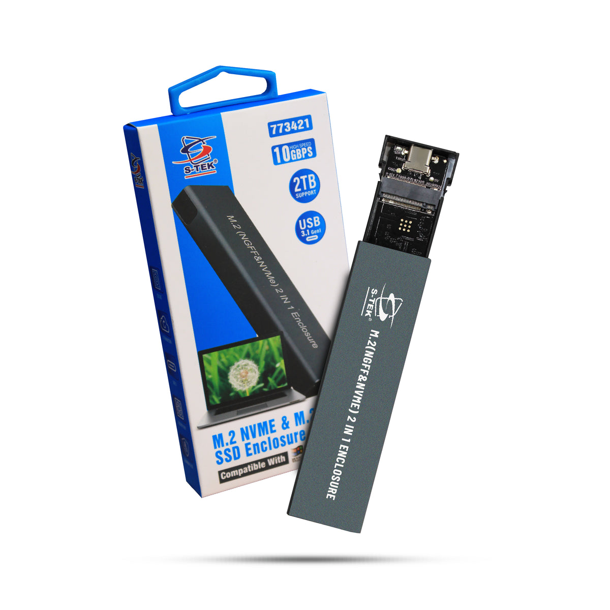 S-TEK M.2(NGFF & NVME) 2 in 1 ENCLOSURE USB C to M2 SSD — connector and port detail.
