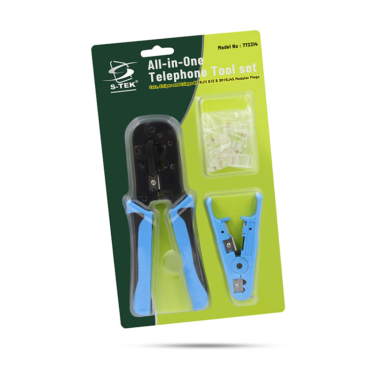 S-TEK All in One Crimping Tool Set, Telephone Tool Set, Cuts, Crimps and Strips 6P/RJ11 & 12 & 8P/RJ45 Modular Plugs