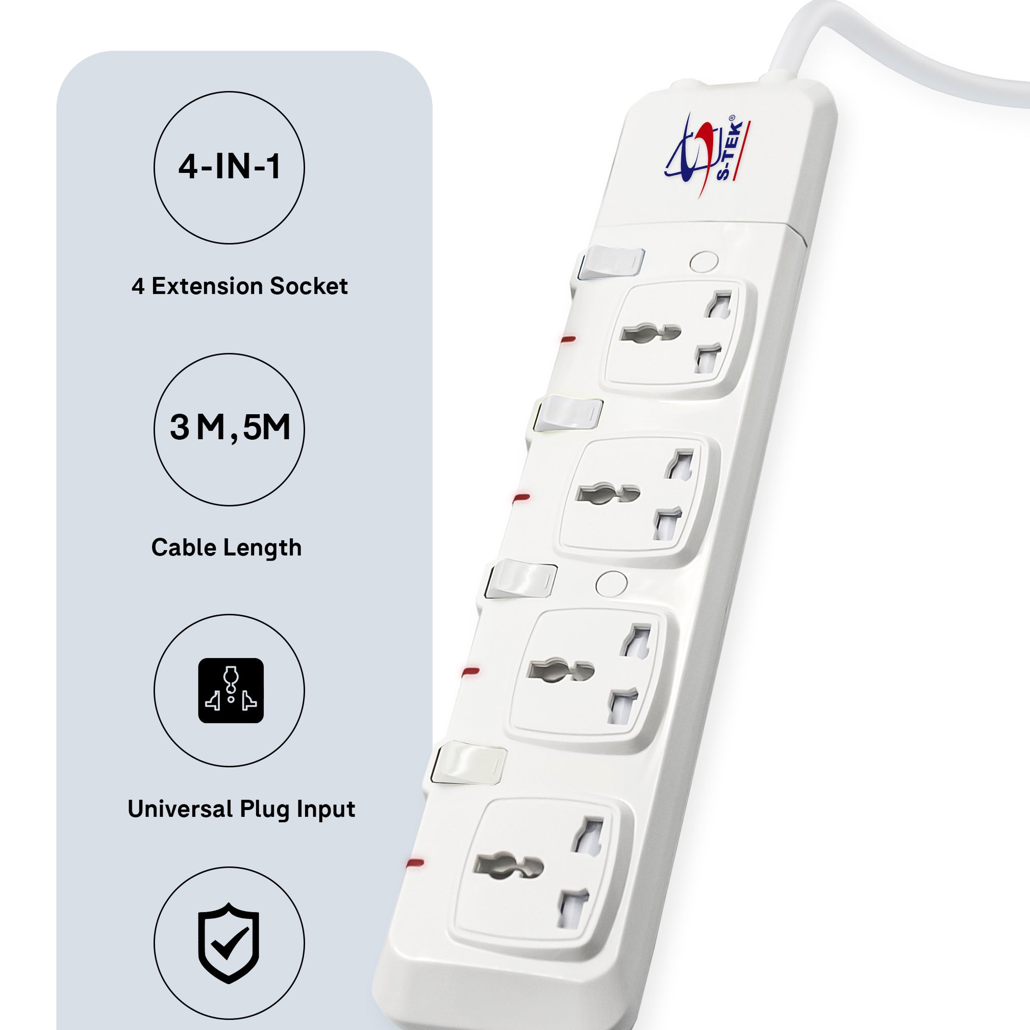S-TEK Universal Power Extension Socket with Individual Switch
