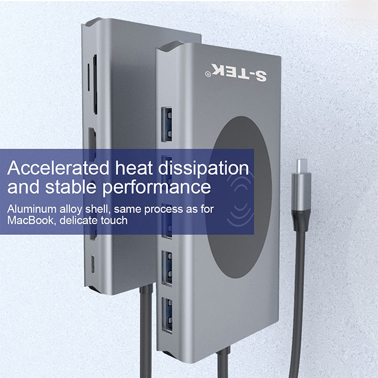 S-TEK 14 in 1 USB C Docking Station with Dual HDMI Ports — connector and port detail.