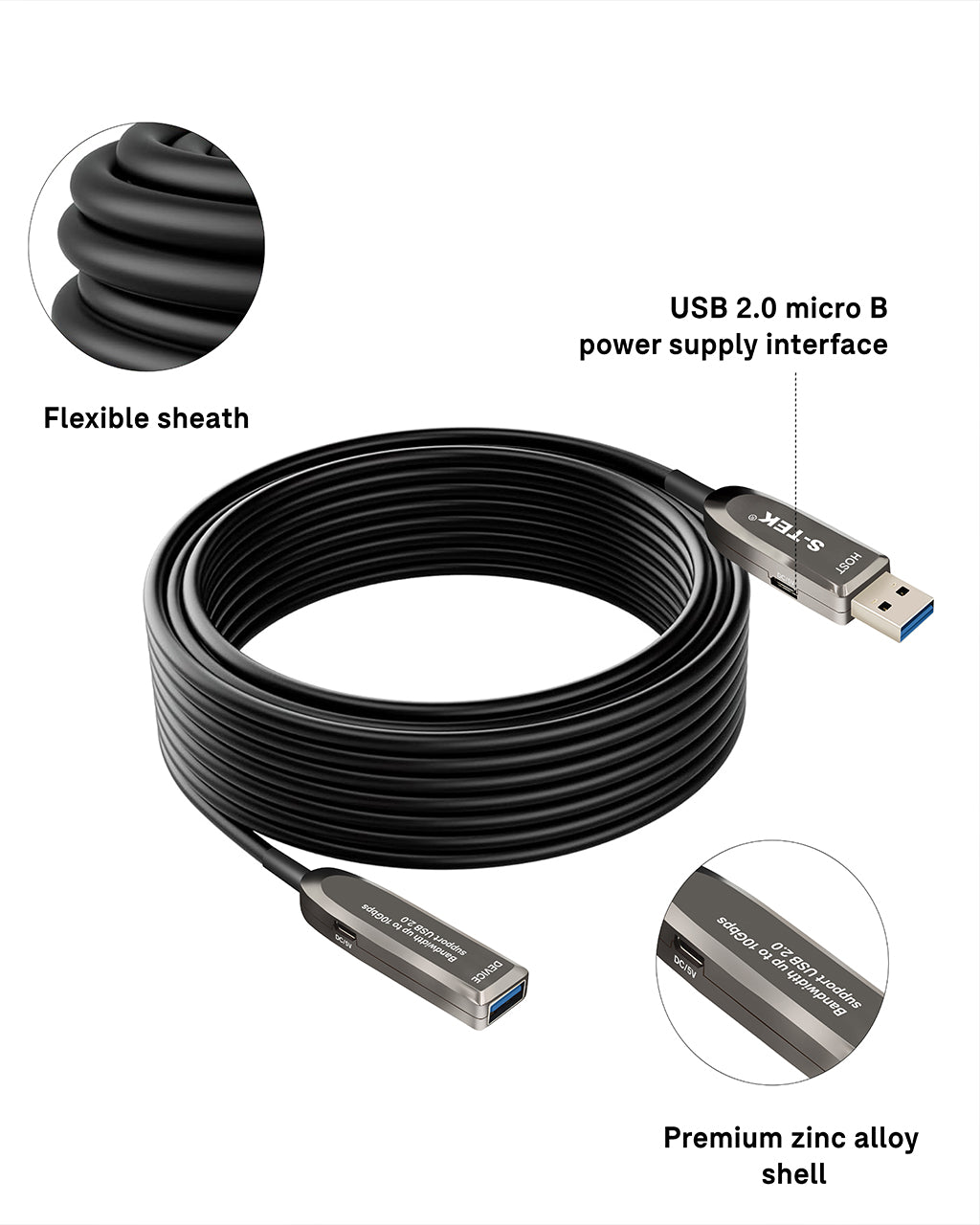 S-TEK USB 3.1 A to Extension Fiber Optical Extension Cable