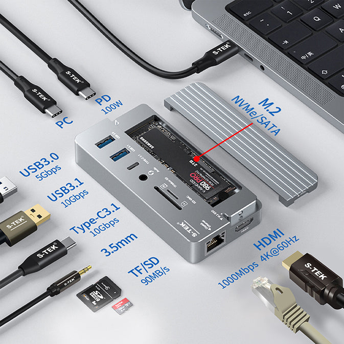 S-TEK 10-in-1 Type C Hub with SSD M.2 Enclosure 8TB