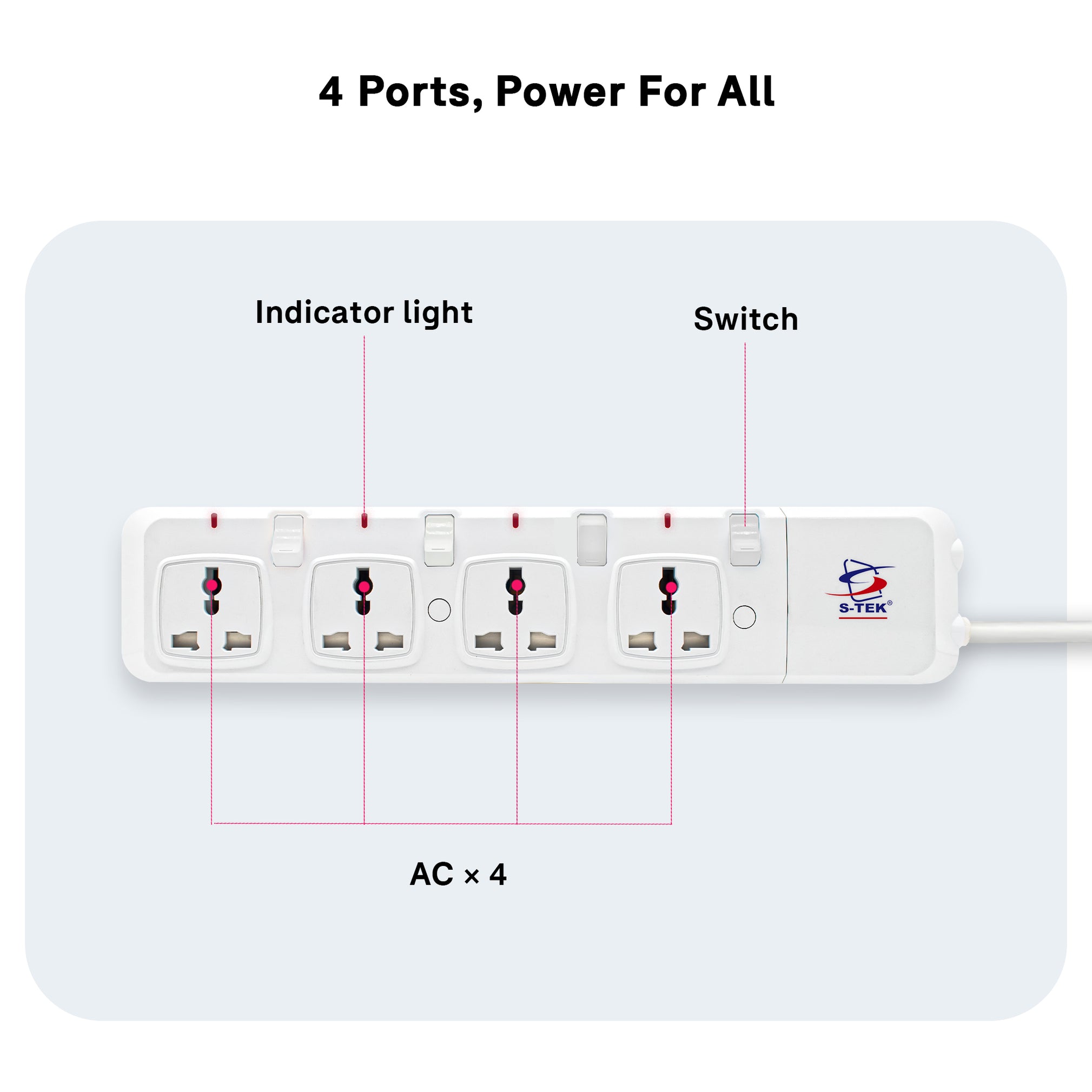 S-TEK Universal Power Extension Socket with Individual Switch