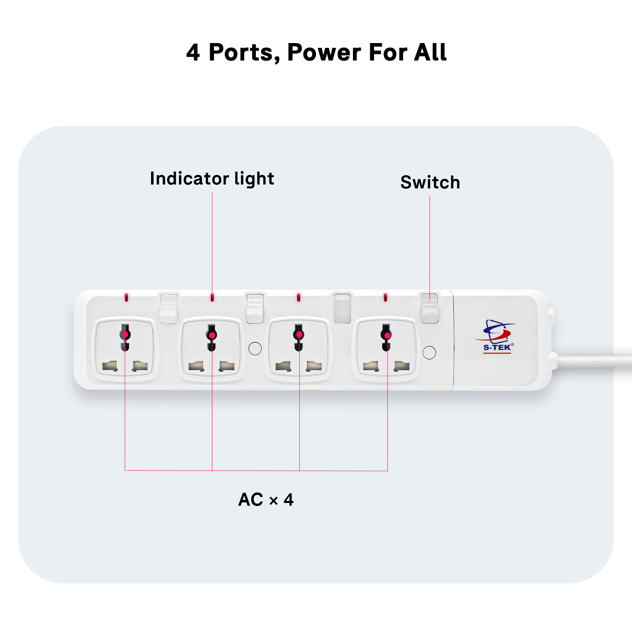 S-TEK Universal Power Extension Socket with Individual Switch