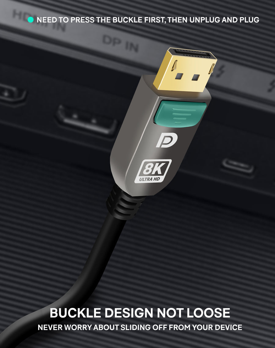 S-TEK DisplayPort connector with a locking release button, shown on a dark background.