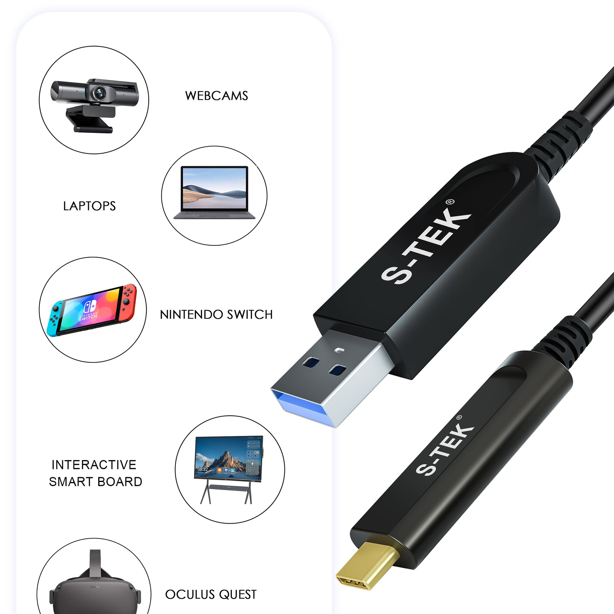 S-TEK USB 3.1 A to Type C Fiber Optical Extension Cable Gen 2