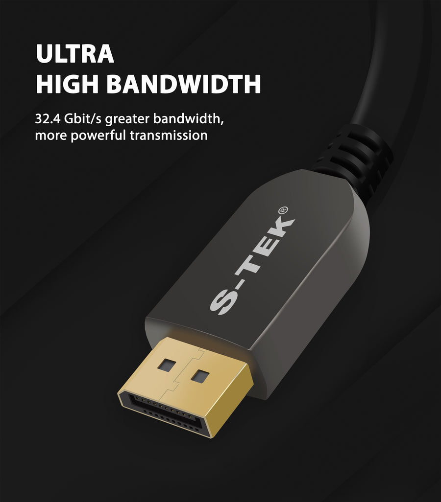 S-TEK 8K DisplayPort cable connector illustrating high-bandwidth video transmission.