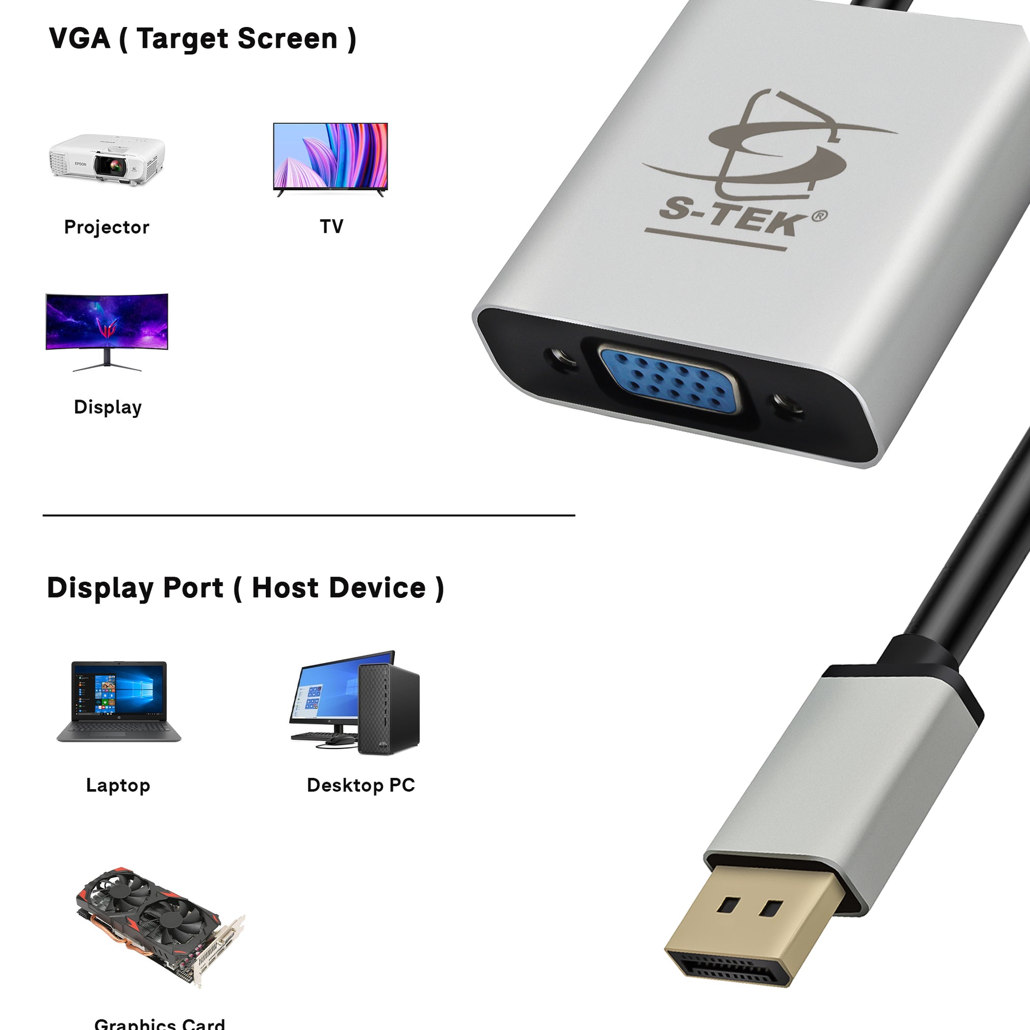 S-TEK DisplayPort to VGA Adaptor 1080P