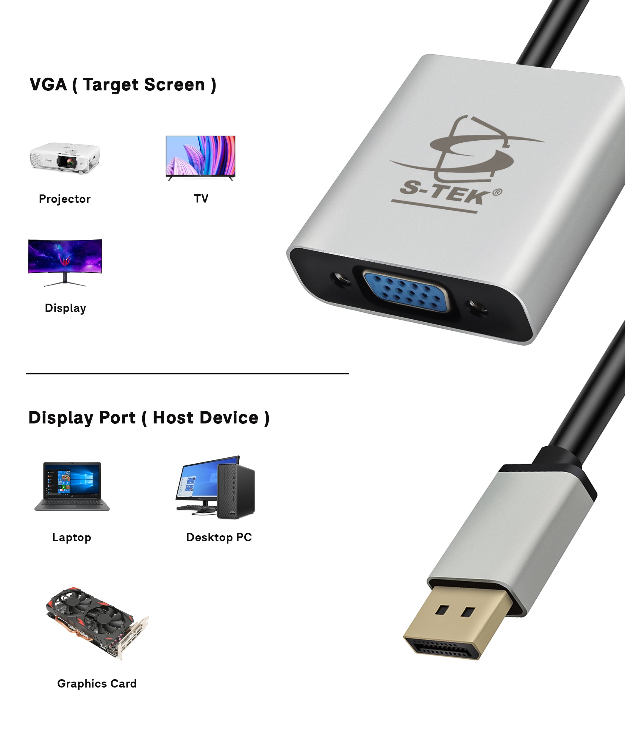S-TEK DisplayPort to VGA Adaptor 1080P