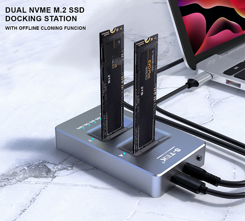S-TEK Dual NVMe M.2 SSD Docking Station with Offline Cloning Function, Duplicators External Hard Drive Enclosure for M Key PCIe 2242 2260 2280 22110 M.2
