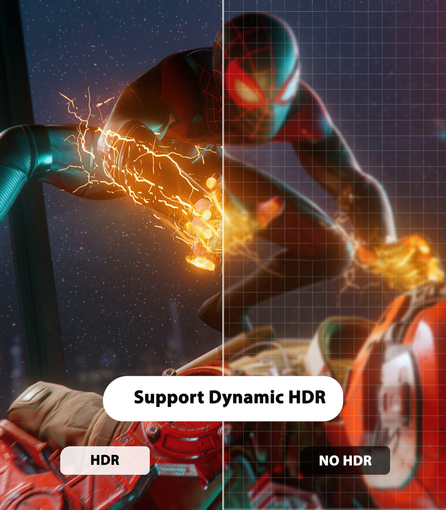Graphic comparing HDR and standard video imagery for the S-TEK 8K DisplayPort cable.