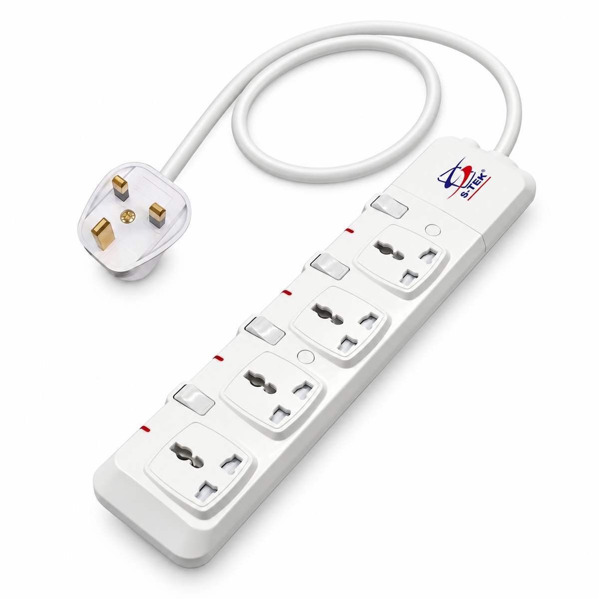 S-TEK four socket white power extension strip with individual switches