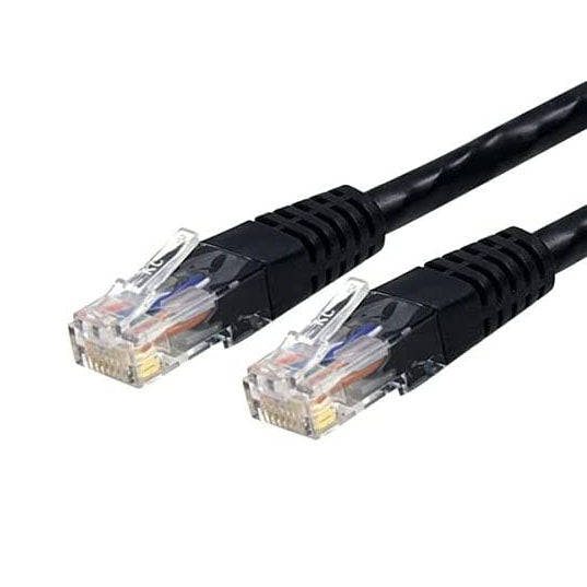 Black CAT 6 network cable with clear RJ45 plugs and molded strain relief.
