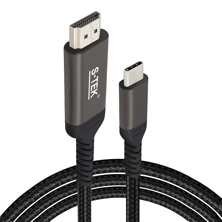 S-TEK USB-C to HDMI cable with both connectors and braided black cable shown.
