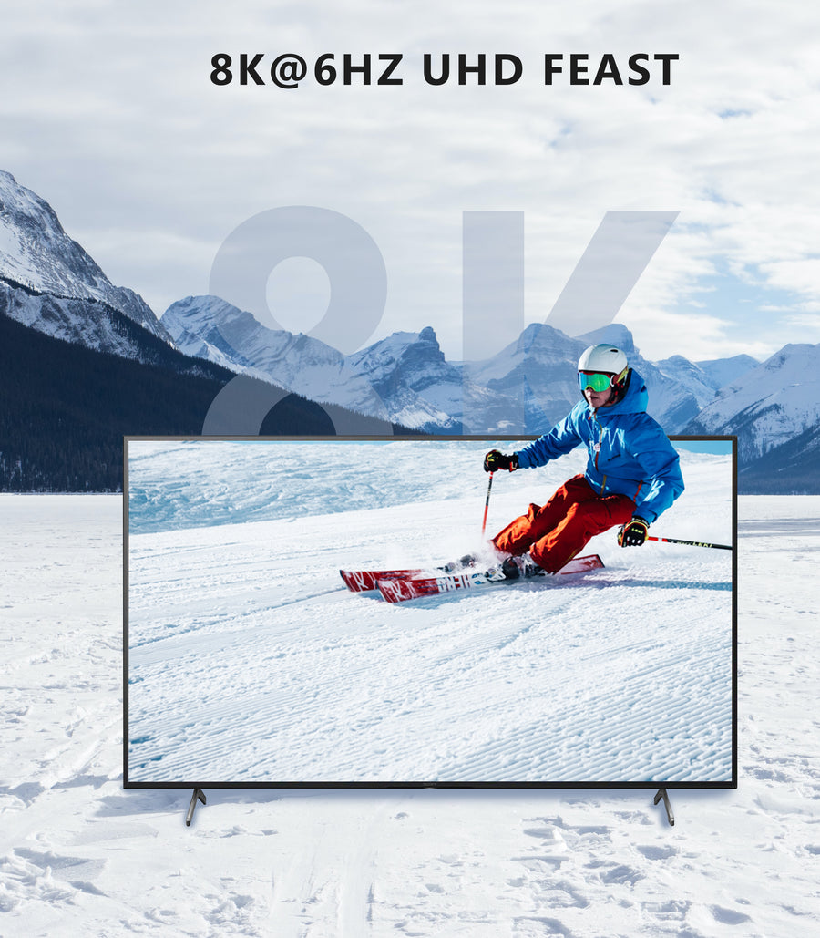 S-TEK 8K HDMI cable pictured with a skier on a snowy slope and a television