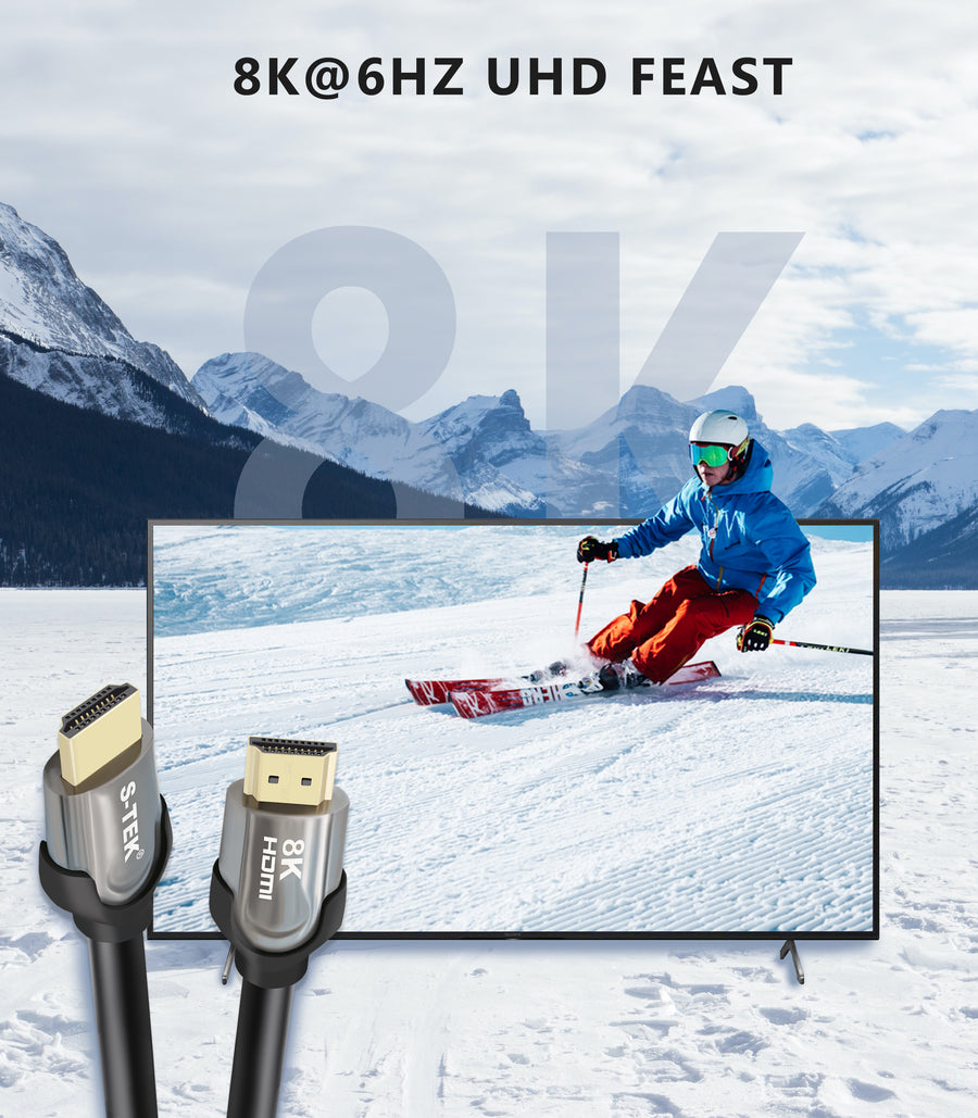 S-TEK 8K HDMI cable beside a television showing a skier on a snowy slope